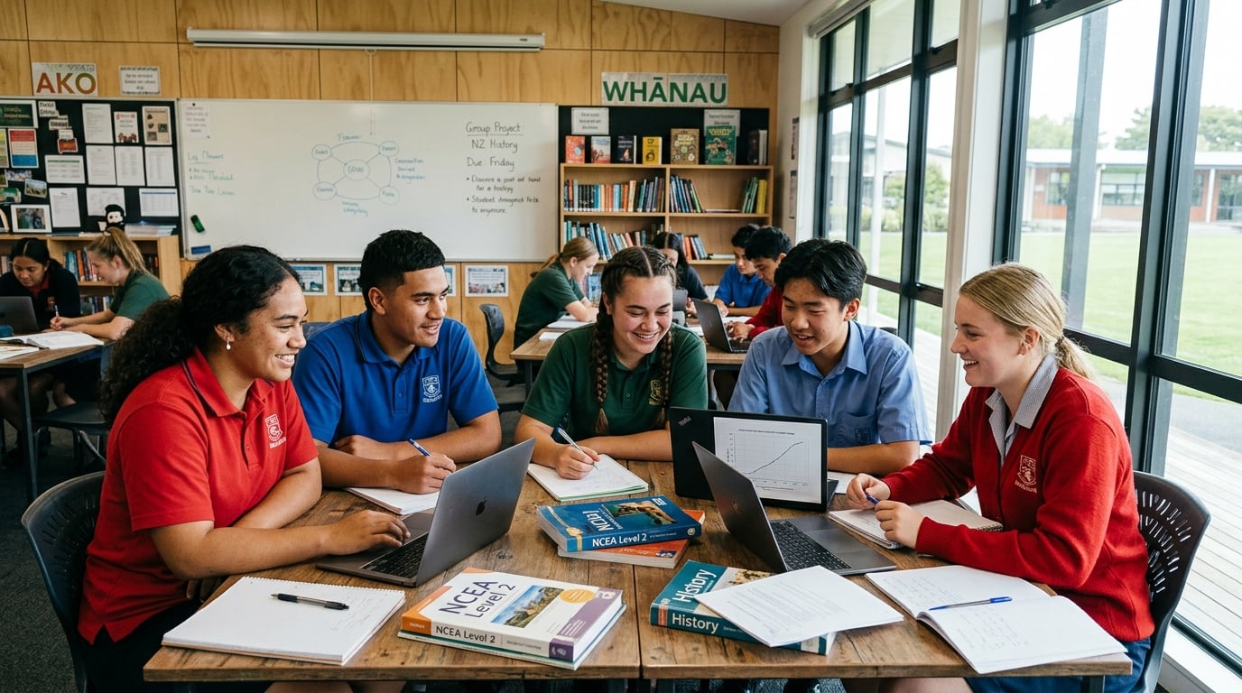 New Zealand students in school uniforms studying together